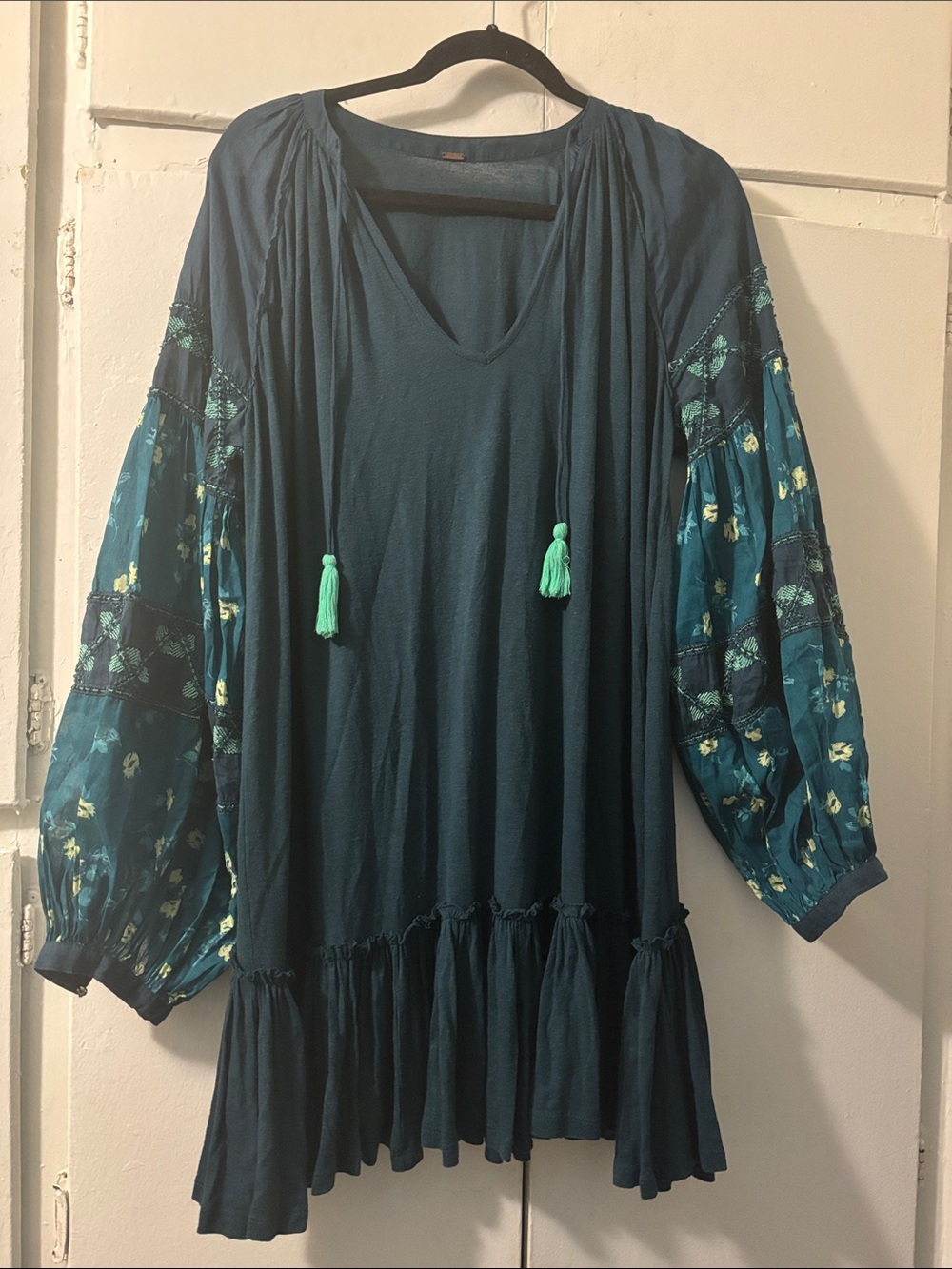 Free People Teal Peasant Tunic with Floral Balloon Sleeves
